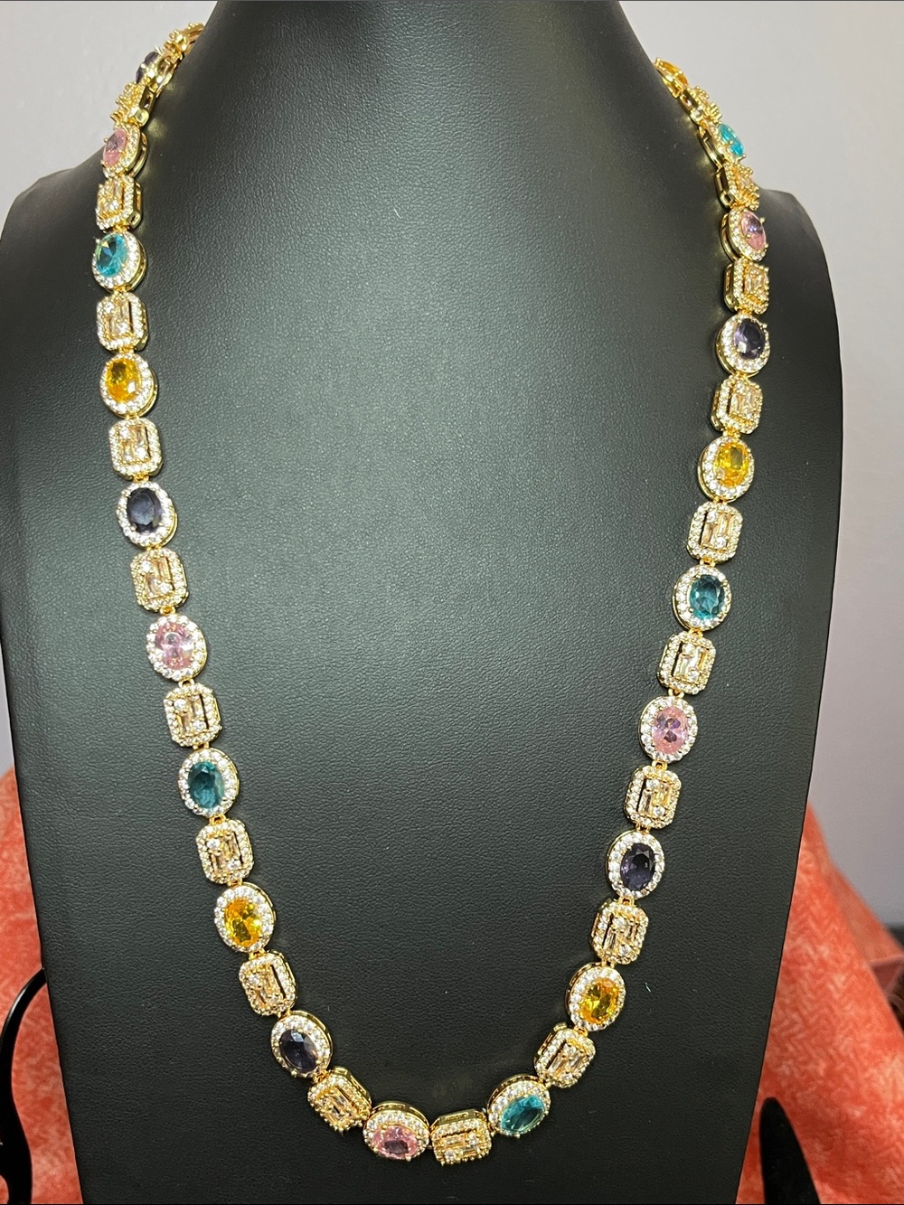 Gold Multi-Color Gemstone Tennis Necklace - STUNNING 20”
